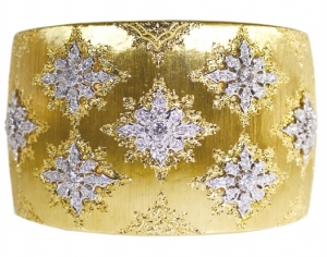 18 karat gold and diamond cuff bracelet by Buccellati, Italy. Offered by JS Fearnley.