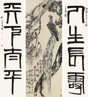 &quot;Eagle Standing on Pine Tree; Four-Character Couplet in Seal Script&quot; by Chinese artist Qi Baishi. The work fetched $65.5 million at auction in 2011. His 952 artworks tallied $445.1 million at auction in 2011, landing him second on Artprice&#039;s list of top five artists by annual auction revenue. 
