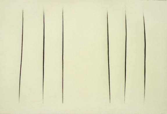 &quot;Concetto spaziale, Attese,&quot; a 1960 painting by Lucio Fontana that was formerly owned by Andy Warhol. The work sold in an auction of contempoirary works held by Phillips de Pury &amp; Co. in London on Feb. 16, 2012. 