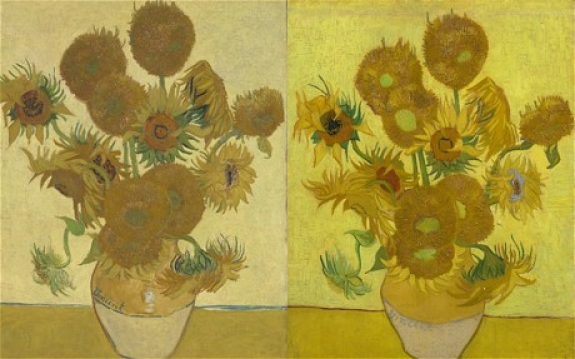 Two versions of Vincent Van Gogh&#039;s &#039;Sunflowers,&#039; 1888.