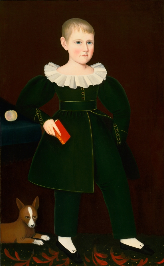 Ammi Phillips&#039; Blond Boy with Primer, Peach, and Dog, c. 1836.