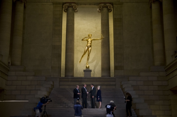 The newly restored sculpture of the Roman goddess Diana, which stands atop the Great Stair Hall at the Philadelphia Museum of Art.