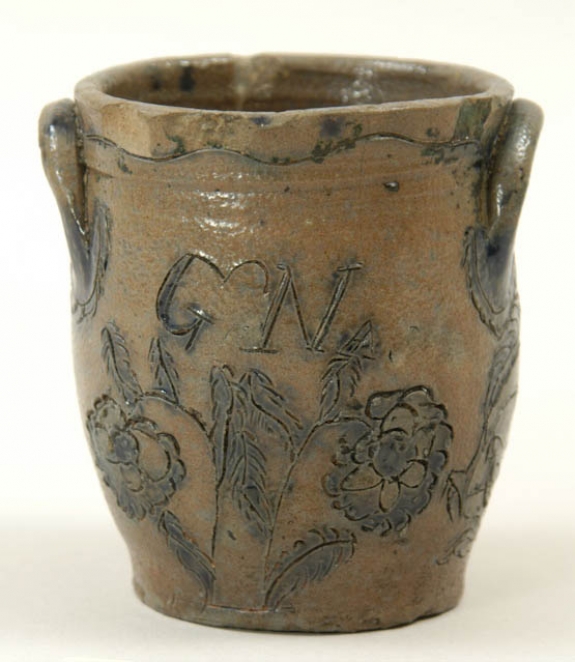 ﻿Miniature stoneware crock with incised and cobalt blue bird and floral decoration, initialed “GN” for George Nash, Utica and Albany, circa 1840. 