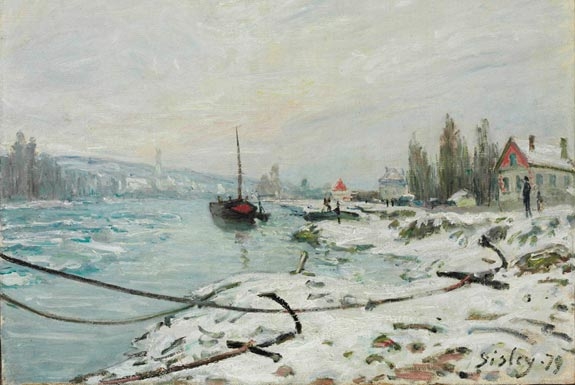 Mooring Lines, the Effect of Snow at Saint-Cloud, 1879, by Alfred Sisley (French, 1839–1899). Oil on canvas, 14 3/4 x 18 inches (37.5 x 45.7 cm). 