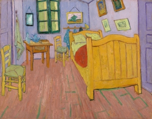 A digital reconstruction of &#039;The Bedroom&#039; shows the painting with violet walls. 