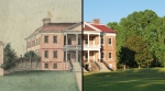 Drayton Hall Past and Present. A section of a watercolor image of Drayton Hall completed by Pierre Eugène Du Simitière in 1765 is shown left, © J. Lockard 2010, used with permission; a section of a recent photograph of Drayton Hall by Charlotte Caldwell is shown right. Montage image courtesy of Drayton Hall.
