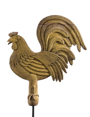 Important Rooster Weathervane, American. New England, circa 1800–1825. Carved and painted wood. H. 37½, W. 33¼, D. 4⅞ inches. 