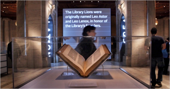 A Gutenberg bible on display as part of the New York Public Library&#039;s 100th anniversary exhibition.