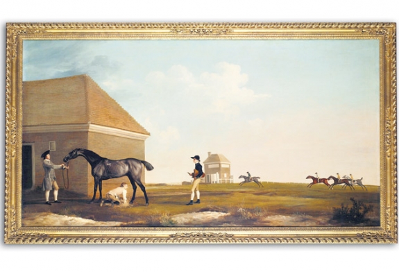 George Stubbs&#039;s Gimcrack on Newmarket Heath, with a Trainer, a Stable-Lad, and a Jockey, depicting one of the most popular racehorses of the 18th century, goes up for auction this summer.