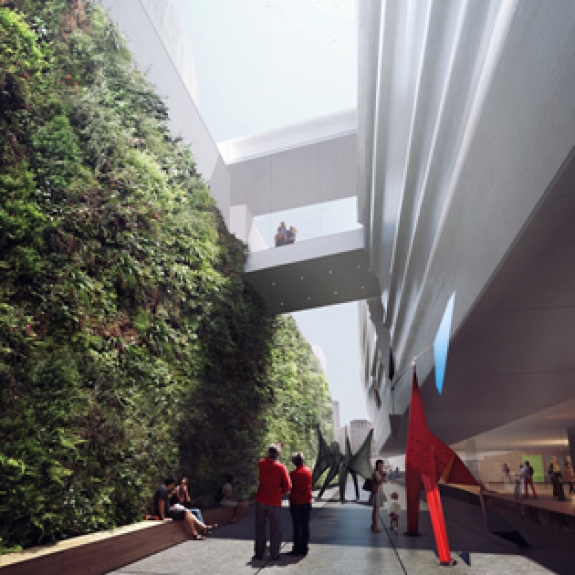 A rendering of SFMOMA's expansion with sculpture terrace and vertical garden.