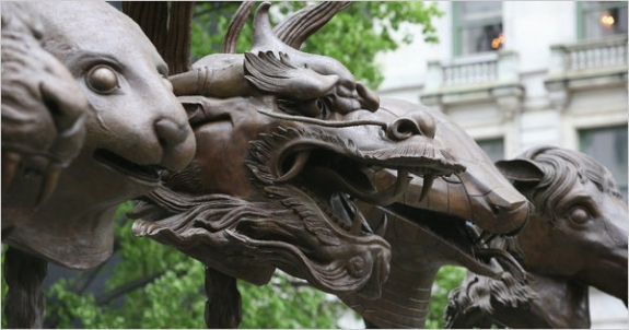 Circle of Animals/Zodiac Heads, by the Chinese artist Ai Weiwei, at the Pulitzer Fountain outside the Plaza Hotel in Manhattan, features 12 animal heads in cast bronze.