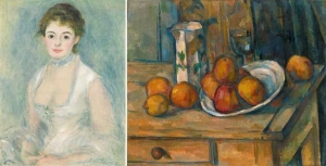 Left: Pierre-Auguste Renoir&#039;s &#039;Madame Henriot,&#039; circa 1876. Right: Paul Cezanne&#039;s &#039;Still Life with Milk Jug and Fruit,&#039; circa 1900.
