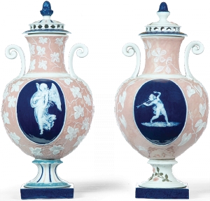 Pair of potpourri jars, Homer Laughlin China Company (1874–present), East Liverpool, Ohio. 1886-1889. Pâte-sur-pâte porcelain, H. 19 in. Collection of Fred Mutchler. 