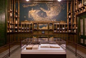 Installation view of the Peacock Room with the early biblical manuscripts.