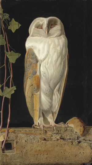 William James Webbe (fl.1853-1878), The White Owl, &#039;Alone and warming his five wits, The white owl in the belfry sits,&#039; signed with monogram and dated &#039;1856&#039; (lower left), oil on board, 17¾ x 10 3/8 inches.  