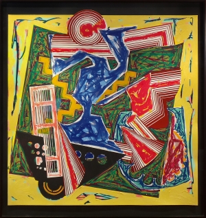 Frank Stella &quot;Then Water Came and Quenched the Fire,&quot; 1986. Hand colored &amp; collaged with lithographic, linoleum block &amp; silkscreen printings, heightened by the artist using oil paint and oil stick, 53.2 x 52 inches. Signed on front: &quot;paint over reject print F. Stella &#039;86.&quot; 