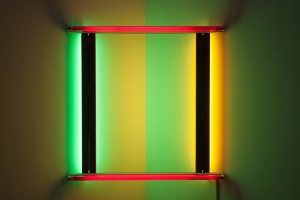 The exhibition includes works by Dan Flavin.
