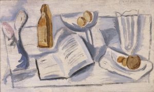 Stuart Davis&#039; &#039;(Still Life With) Book, Compote and Glass,&#039; 1922. Oil on canvas, 18 1/2 x 30 inches.