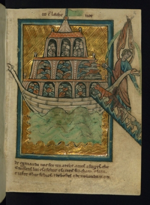 A scene of Noah&#039;s Ark from a manuscript of Bible pictures by W. de Brailes, 13th century. 
