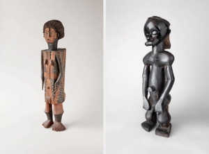 L: Figure, first quarter of 20th century, Nkundu, Democratic Republic of the Congo. R: Figure, Fang Ntumu, Gabon, 19th century. 