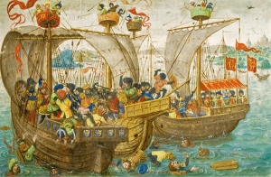 A Naval Battle; Antwerp (detail), after 1464, from the &#039;Roman de Gillion de Trazegnies,&#039; fol. 21, Lieven van Lathem. 