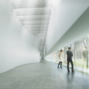 A rendering of Thomas Phifer&#039;s Corning Museum of Glass expansion.