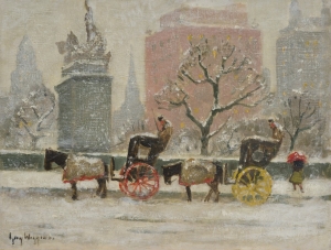     Guy Carleton Wiggins &quot;Along 59th Street in Winter.&quot; Offered by Rehs Galleries.