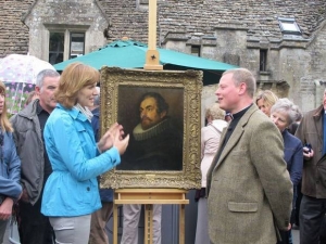 Fiona Bruce with Father Jamie MacLeod and his Van Dyck portrait. 